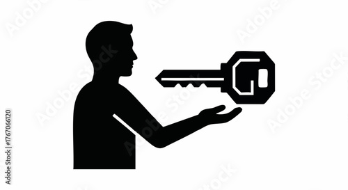Silhouette icon of a person holding a large key. Access, security, and solution concept. Minimalist flat vector illustration