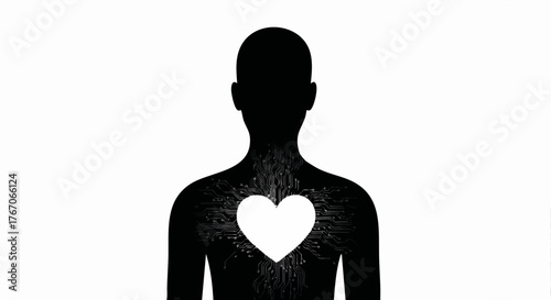 Black silhouette of a human figure with a circuit board heart. Artificial intelligence and technology integration concept. Minimalist vector illustration