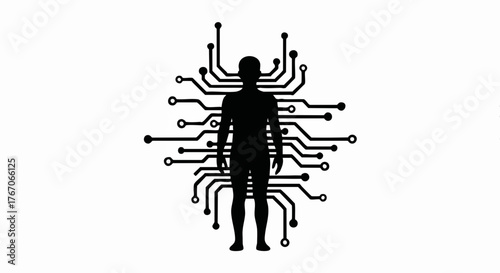 Human silhouette integrated with a circuit board. Cyborg, AI, and biotechnology concept. Minimalist flat design vector illustration