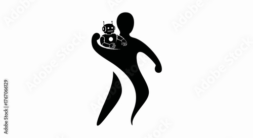 A human silhouette holding a robot. Artificial intelligence and future technology concept. Minimalist black and white vector illustration