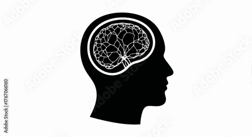 Black silhouette of a human head profile showing a complex brain network. Vector icon for psychology, intelligence, and thought concepts