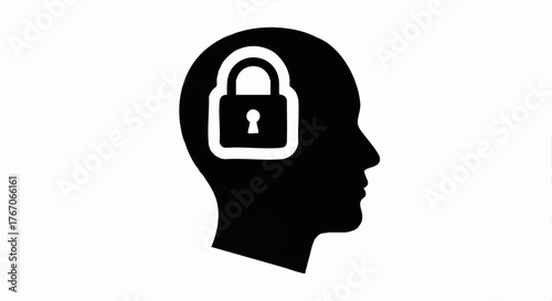 Black silhouette of a human head with a padlock icon inside. Mental privacy and intellectual property concept. Minimalist flat vector illustration
