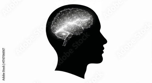 Black silhouette of a human head with a digital brain network. Artificial intelligence and neuroscience concept. Minimalist vector illustration