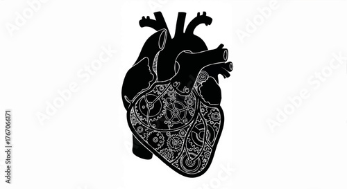 Mechanical heart vector illustration. Steampunk style human organ with internal gears and cogs. Black and white silhouette for a tattoo or logo design