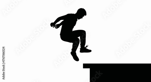 Silhouette of a man performing a parkour jump. Vector illustration of a traceur in action. Minimalist urban sport graphic