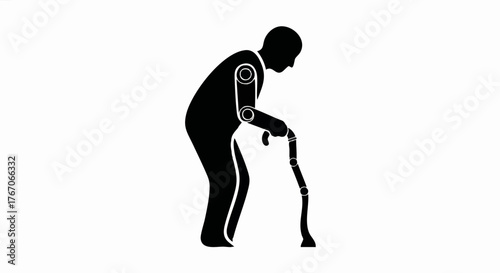 Silhouette icon of an elderly person with a walking cane. Aging, disability, and geriatric healthcare concept. Minimalist vector illustration with bionic joints