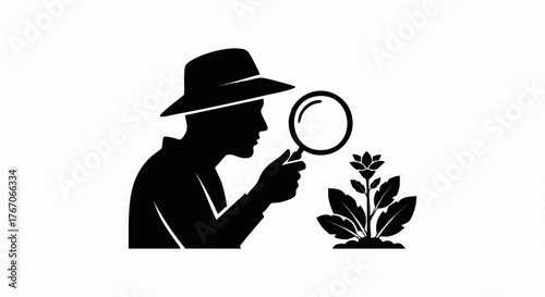 Black silhouette of a biologist examining a plant with a magnifying glass. Science, research, and botany concept. Minimalist vector icon