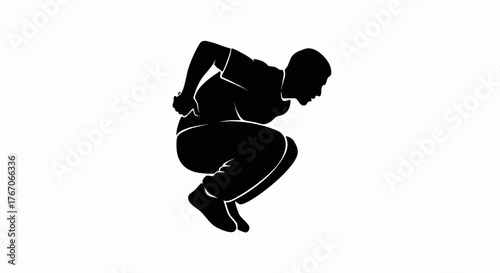 Black silhouette of a traceur preparing for a jump. Parkour and freerunning urban sport concept. Vector illustration isolated on a white background