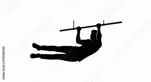 Black silhouette of a man performing a front lever on a horizontal bar. Calisthenics and street workout strength training concept. Minimalist vector graphic icon