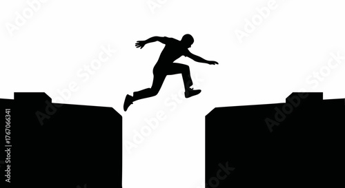 Silhouette of a man jumping across a gap. Parkour and free running vector illustration. Concept of overcoming obstacles, risk, and success