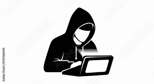 Hacker in a hoodie using a laptop icon. Cybersecurity and cybercrime concept. Anonymous programmer silhouette vector illustration
