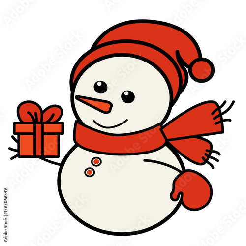 Vector flat clipart of a cute snowman with a gift in outline style. Perfect for Christmas cards, stickers, coloring pages, decor, and kids projects.