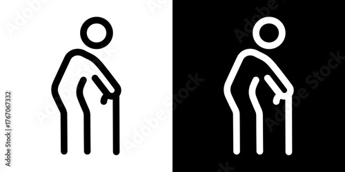 Person walking with cane icons in line. Old man with cane symbol representing elderly people and accessibility. Simple vector illustration for public signs and informational design.