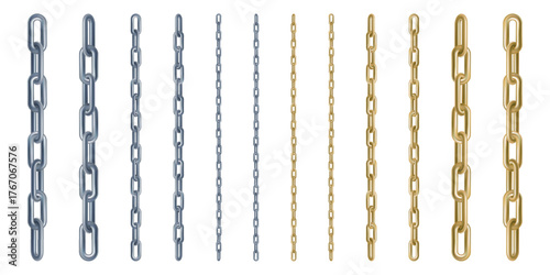 Jewelry straight chain set, 3d render. Golden and silver heavy rings connected. Weak or strong platinum link. Metal hanging straight border for blocked content. Secret item, high risk security protect