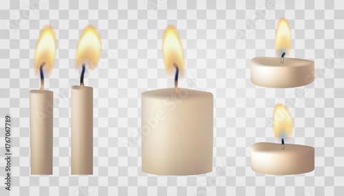 Candle gold flame set. Memorial, short tea light. Burning Bday or wedding fires, vector isolated illustration. 3d lit torch, transparent candlelight. Blow to extinguish wick, spa paraffin heat symbol