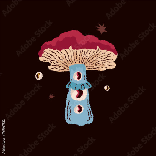 Magic mushroom with eyes. Psychedelic hallucinations. Mysterious autumn witchy forest. Toadstool, poisonous mushroom. Vector illustration.