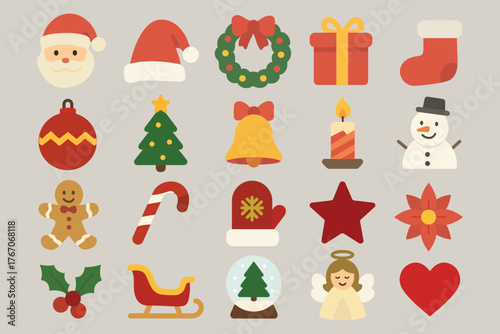 Christmas Icon Set – Flat Winter Holiday Symbols Collection with Santa, Tree, Gift, Snowman, and Decorations on Beige Background