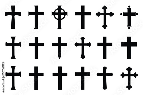 Set of Christian Cross Symbols Silhouette Collection on White Background