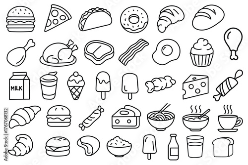 Food and Drink Line Icons Set – Fast Food, Dessert, and Beverage Outline Vector Collection on White Background