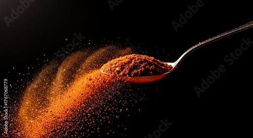 Fototapeta Naklejka Na Ścianę i Meble -  Spoonful of vibrant orange spice powder exploding into the air