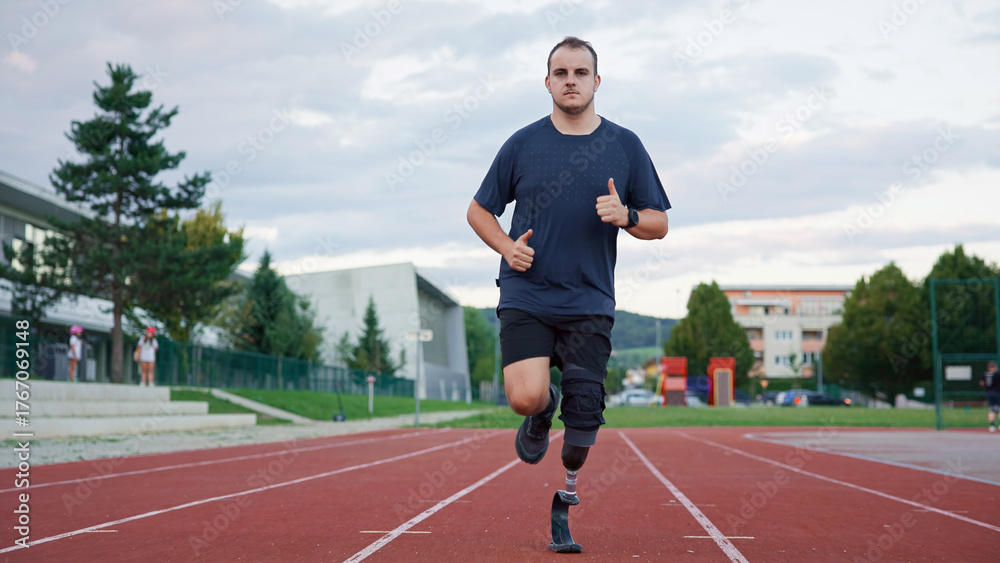Fototapeta premium A person jogs on a track using a prosthetic leg under a cloudy sky in a training environment.