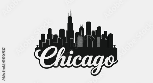 Black silhouette of the iconic Chicago city skyline with the word 'Chicago' in a stylish script font below it.