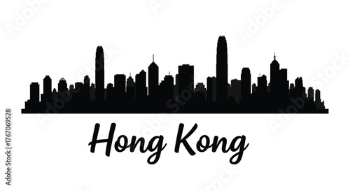 Silhouette of Hong Kong skyline with the city's name written below in a simple font.