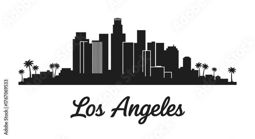 Los Angeles skyline silhouette with palm trees and skyscrapers, black and white vector illustration.