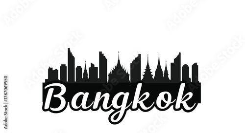 A black silhouette of the Bangkok skyline, featuring various modern buildings and traditional temples, with the city's name written in a script font below.