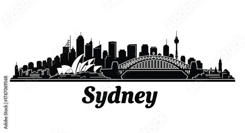 Black silhouette of the Sydney, Australia city skyline, featuring the Opera House and Harbour Bridge, with the city name below.