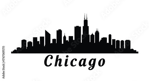 Black silhouette of the iconic Chicago city skyline with the word 'Chicago' in script font below.