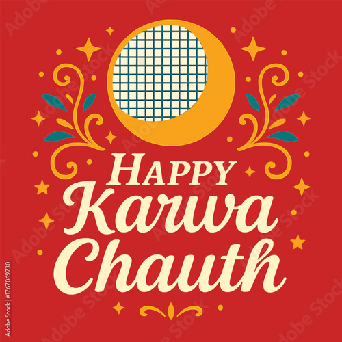 Happy karwa chauth celebrations festive moon and stars decorative poster design