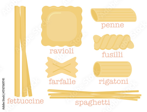 Vector illustration set of different types of pasta.