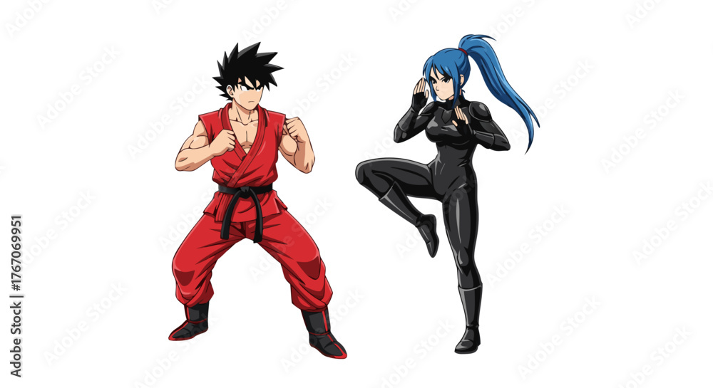 Fototapeta premium Martial Arts Heroes Dynamic Duo in Combat Stance Ready for Action, Embodying Strength and Agility in a Powerful Display