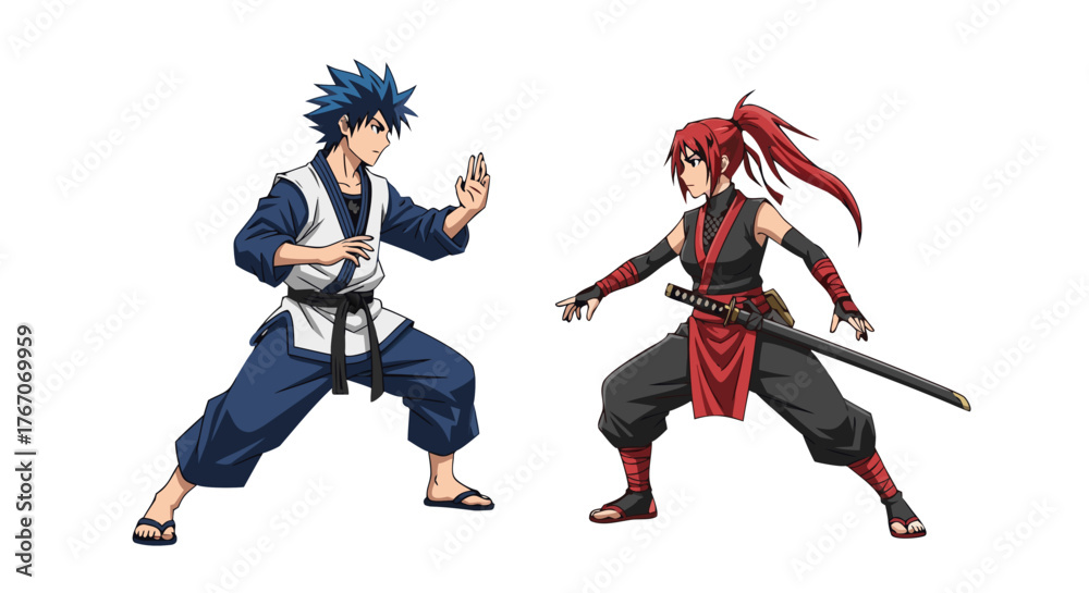 Obraz premium Dynamic martial arts illustration depicting a determined male and female fighter in traditional attire, ready for combat, against a white background, showcasing skill and discipline