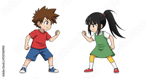 Two cartoon children, a boy and a girl, stand in a fighting stance with their fists raised, ready for a playful or competitive match