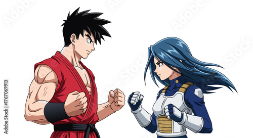 Two animated characters facing each other in a combat stance, one male with short black hair wearing a red martial arts gi, the other a female with long blue hair in futuristic armor