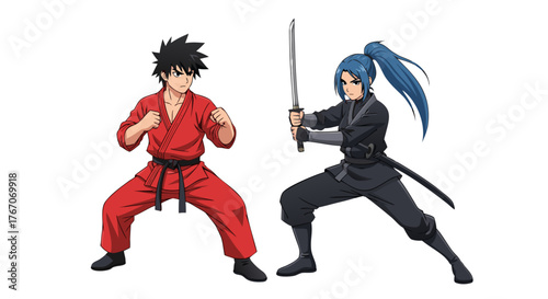 Martial Arts Fighters Facing Off Karateka in Red Gi and Ninja with Katana Ready for Combat on White Background