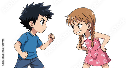 Two young children, a boy and a girl, appear to be in a playful standoff, with determined expressions and clenched fists, against a white background