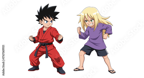 Two young anime-style characters posing in a defensive stance, one in a red karate gi and the other in a purple t-shirt and shorts