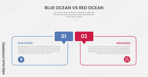 blue ocean vs red ocean business infographic outline style with 2 point comparison template with round box and callout discussion badge for slide presentation