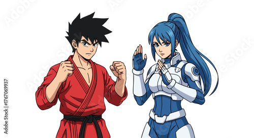Dynamic Duo of Martial Arts A Warrior Man in Red Gi and a Futuristic Female Fighter in Blue Armor Ready for Combat, Celebrating Strength and Skill in a Striking Pose
