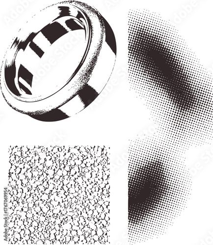 Black and white ring and abstract patterns texture halftone