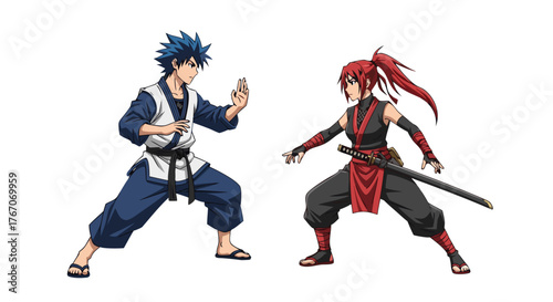 Dynamic martial arts illustration depicting a determined male and female fighter in traditional attire, ready for combat, against a white background, showcasing skill and discipline