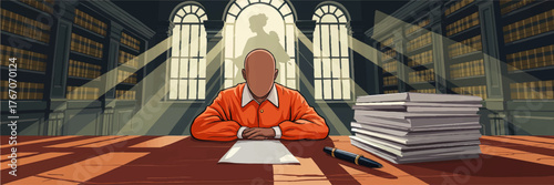 Prisoner in Orange Jumpsuit Writing at Library Table with Sun Rays, Justice Statue Silhouette, Legal Books, and Stacks of Paper