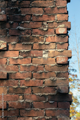 Close-up of an aged red brick wall with rough mortar, showing texture, weathering, and imperfections under natural sunlight.