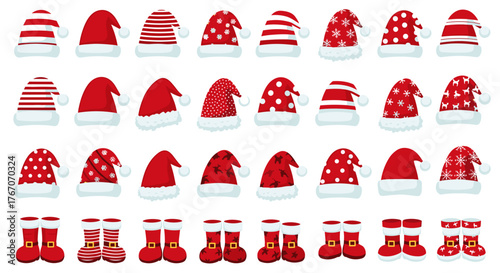 Assorted santa hats and boots in various designs and patterns