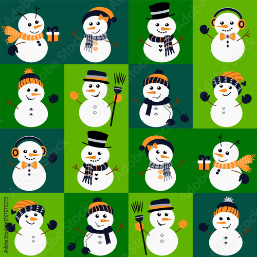 Vector seamless pattern with cute snowmen in hats and scarves in green and orange colors. Perfect for winter design, wrapping paper, and textiles.