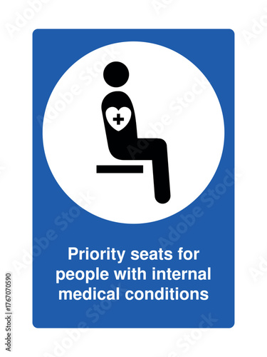 Blue priority seating sign with explanation with medical heart cross icon for individuals with internal health conditions