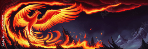 Majestic Phoenix Rising from Flames Digital Art – Fiery Mythical Bird Flying at Night, Fantasy Illustration, Vibrant Orange and Red